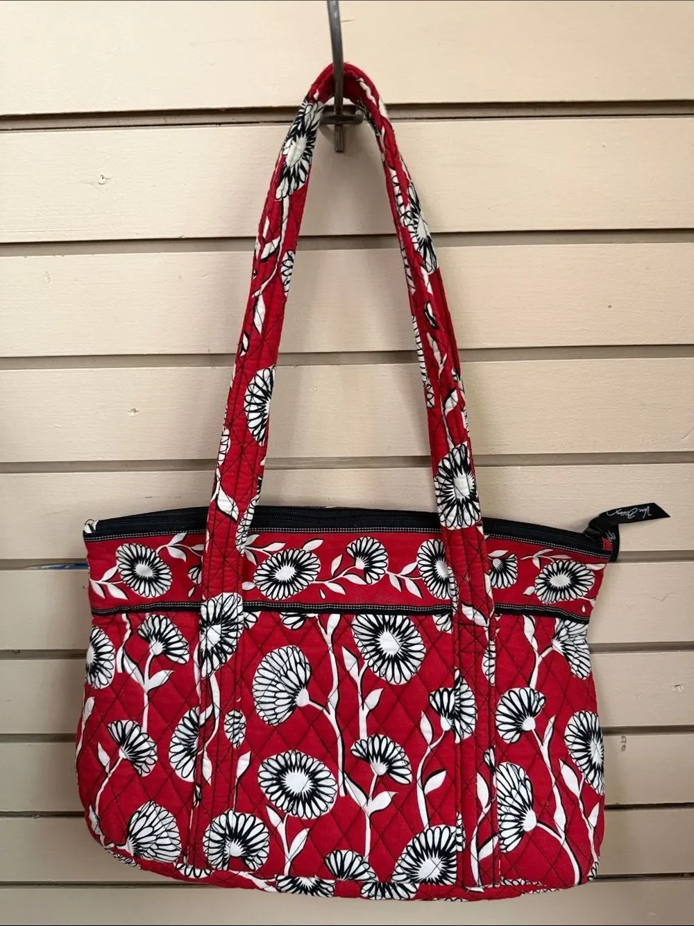 Vera Bradley Red Quilted Tote with Black & White Floral Print